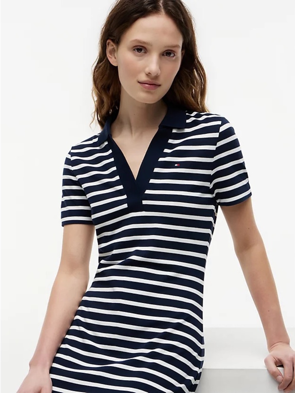 Tommy Hilfiger Navy and White Striped Short-Sleeve Polo Top